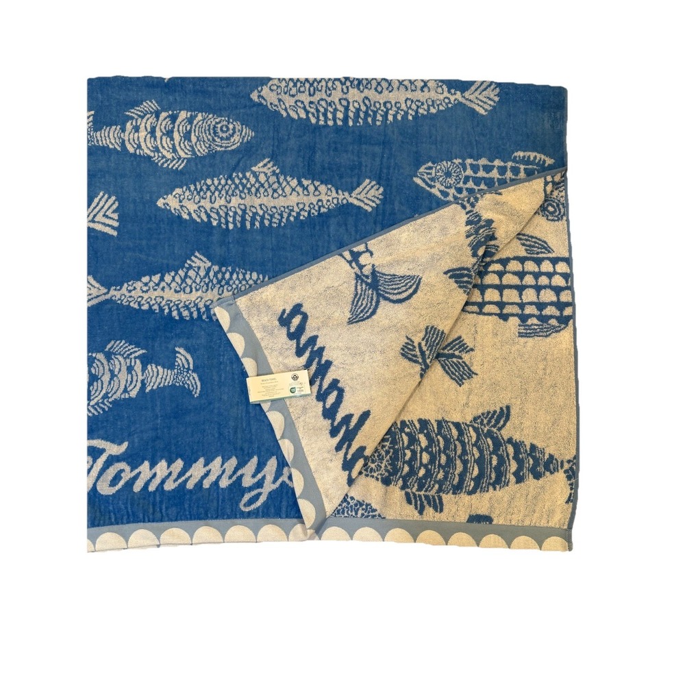 Tommy Bahama Beach Pool Towel Blue White FISH Reversible 36 X 68 NWT - Picture 2 of 5